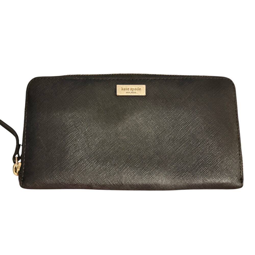 Kate Spade New York Large Zip Around Wallet Black Leather Continental